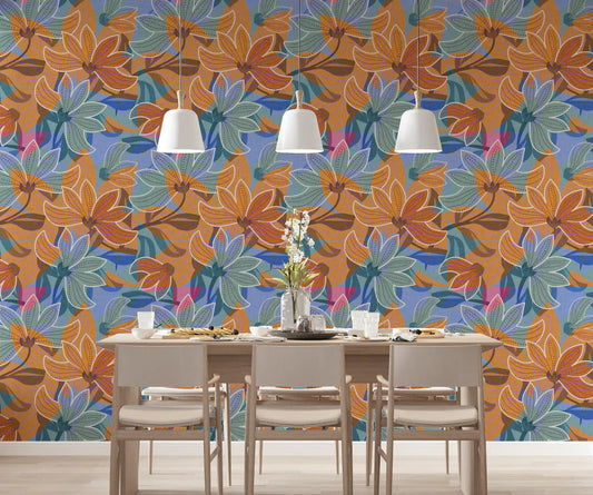 Dining room accent wall styled in modern floral magnolia wallpaper.