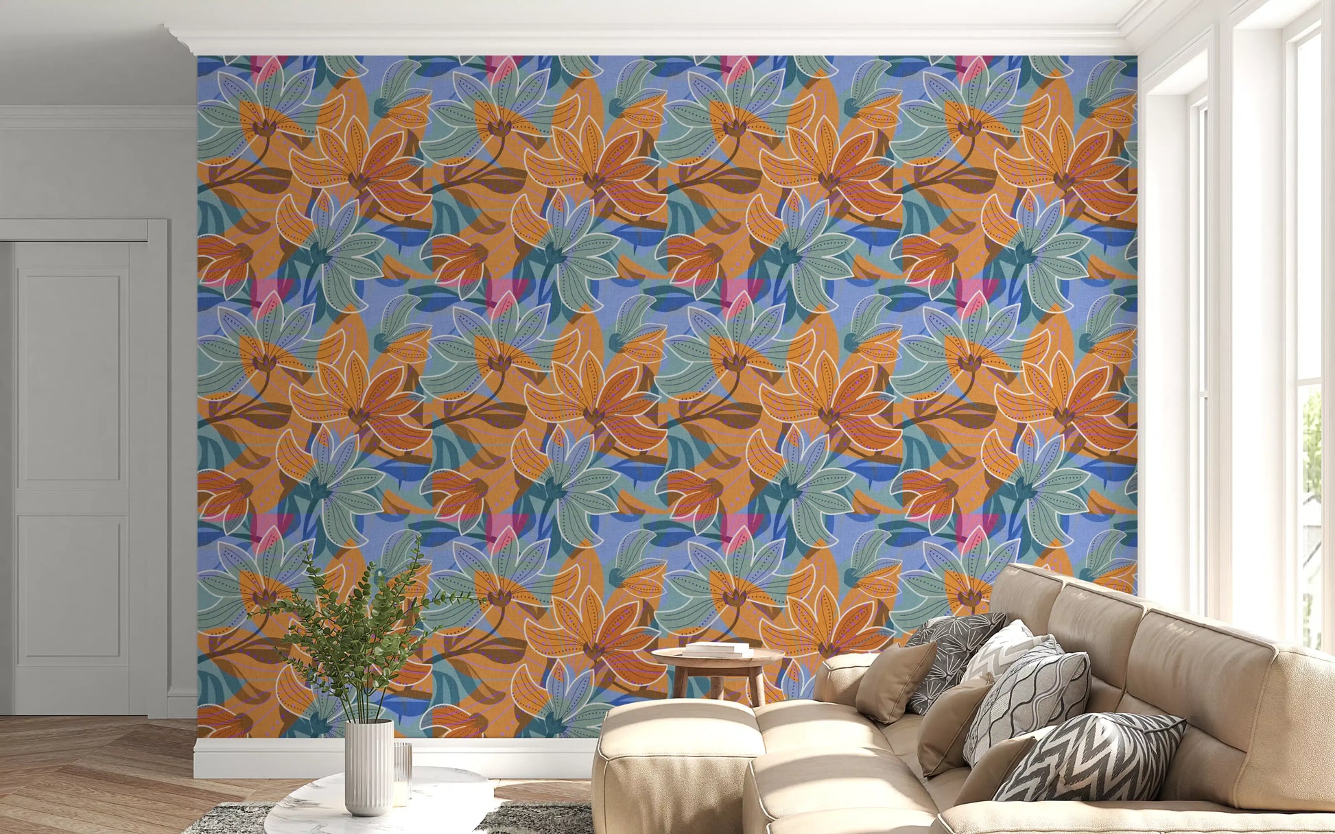 Layered floral wallpaper with magnolia-style blooms in orange, slate blue and teal., GD10226