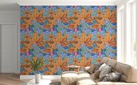 Layered floral wallpaper with magnolia-style blooms in orange, slate blue and teal., GD10226