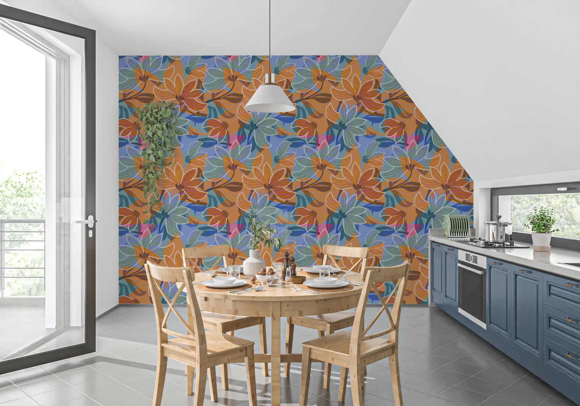 Contemporary floral wallpaper with magnolia petals and lilac accent dots., GD10226