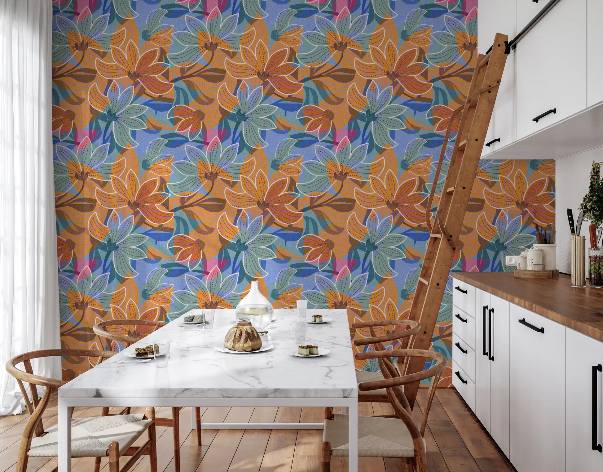Bold floral wallpaper showing overlapping blooms with white petal outlines and purple veins., GD10226