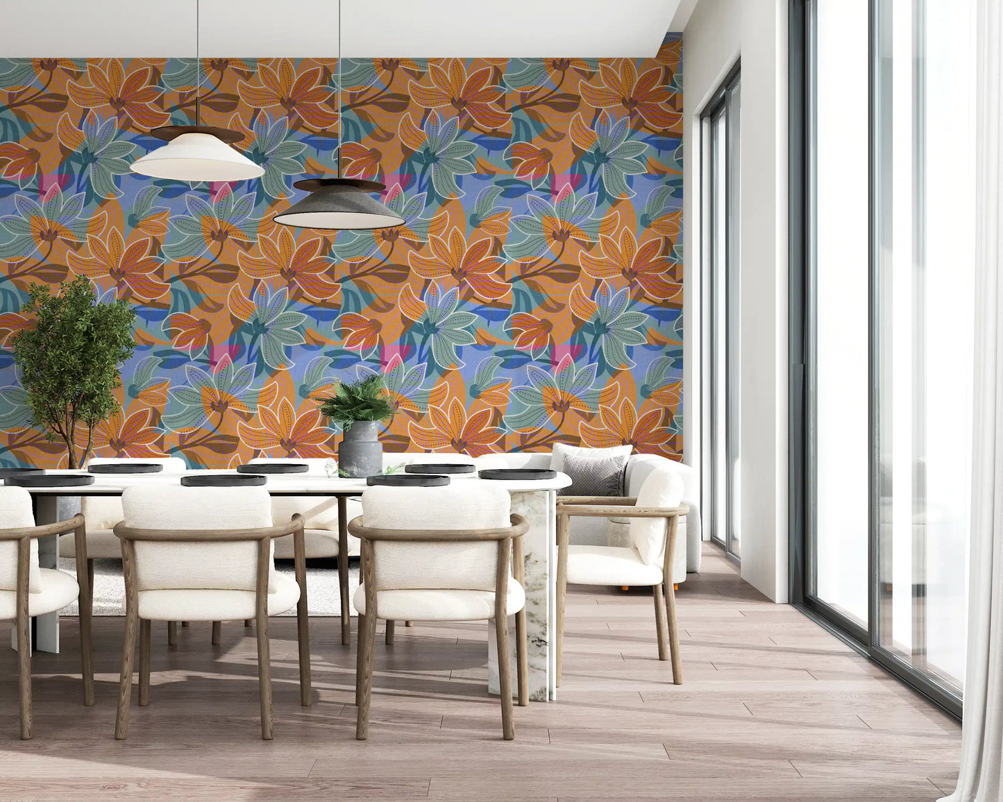 Floral wallpaper in orange, blue, teal and sage green with canvas texture base., GD10226