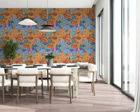 Floral wallpaper in orange, blue, teal and sage green with canvas texture base., GD10226