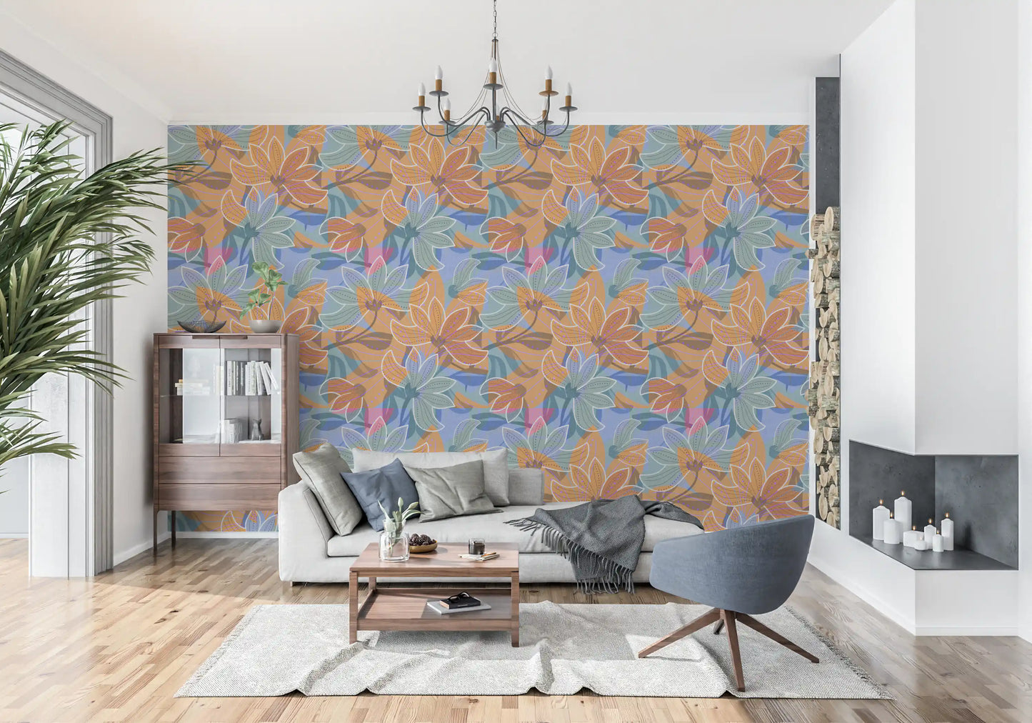 Modern floral wallpaper showing layered petals in tangerine, rust and slate blue., GD10226