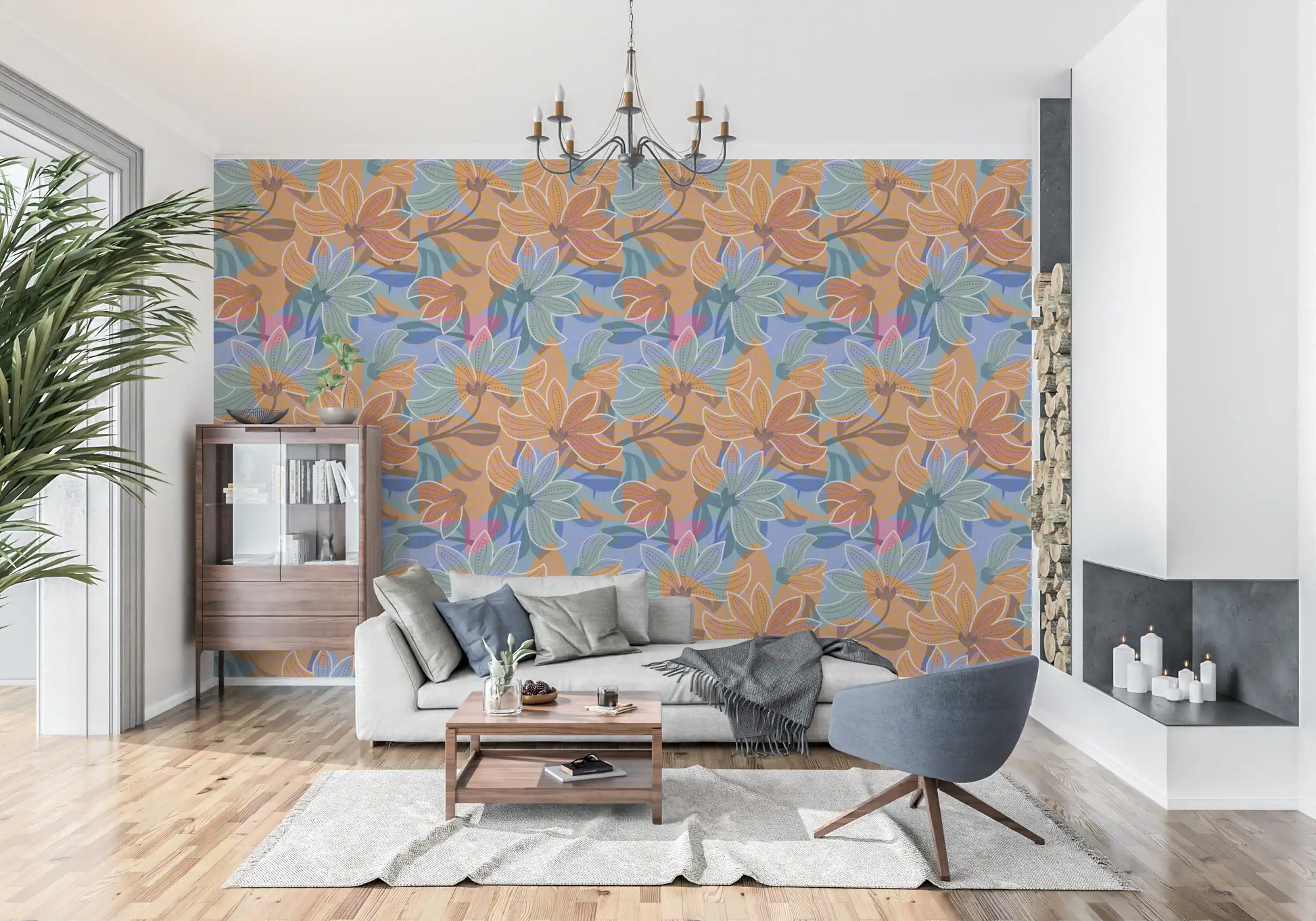 Modern floral wallpaper showing layered petals in tangerine, rust and slate blue., GD10226