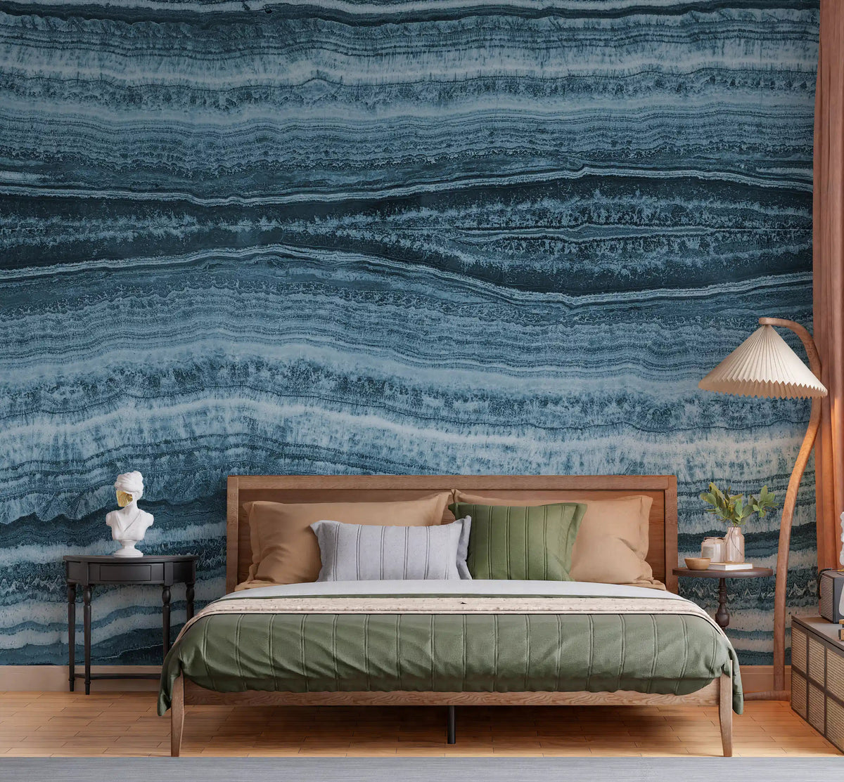 Blue marble layered mural used as a headboard wall in a bedroom., GD10232