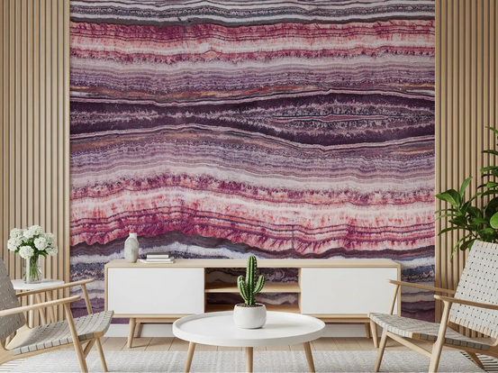 Mineral strata wall mural shown on a hallway accent wall with jewel-toned bands., GD10233