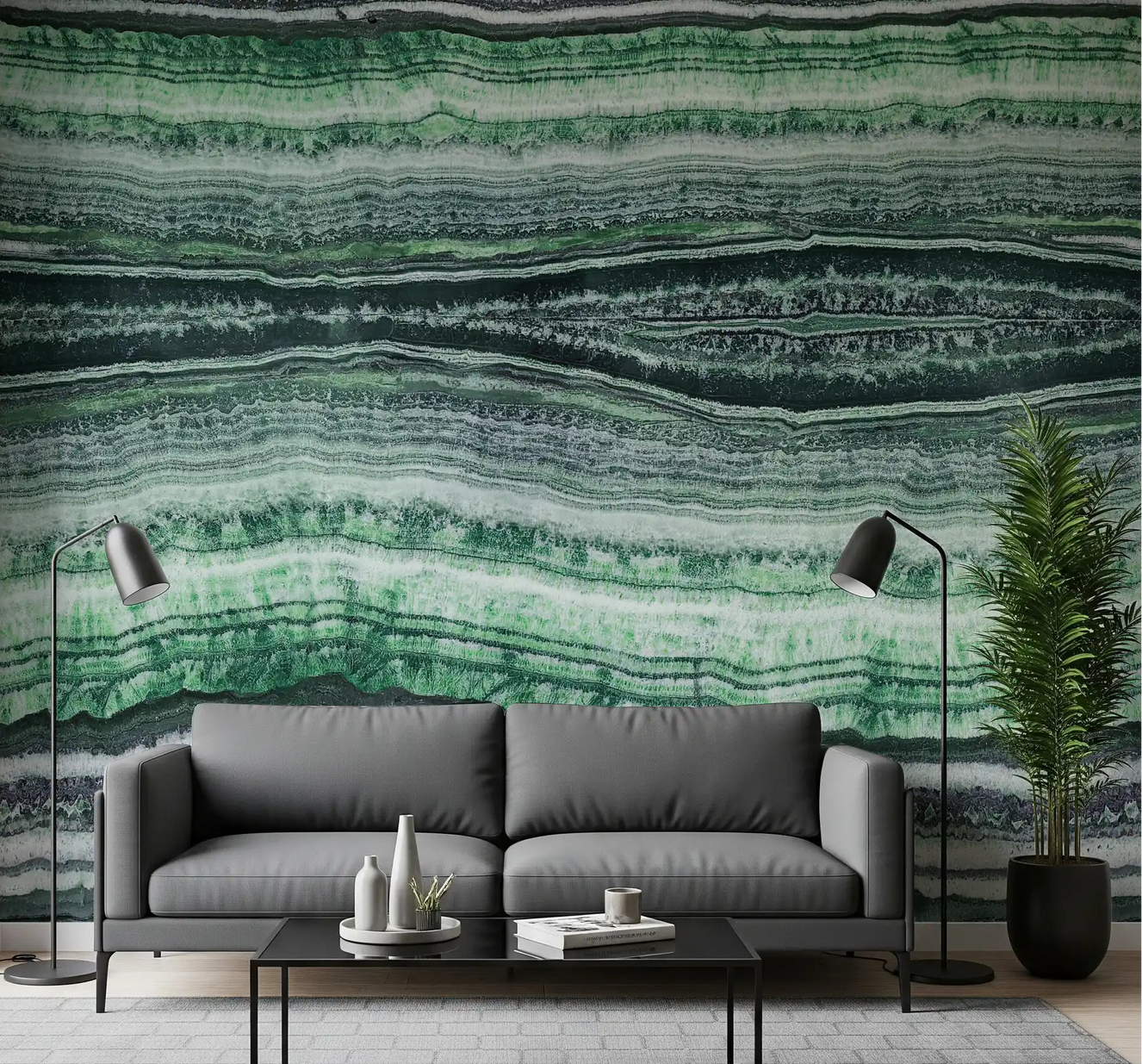 Living room feature wall in jade veins green marble wall mural.