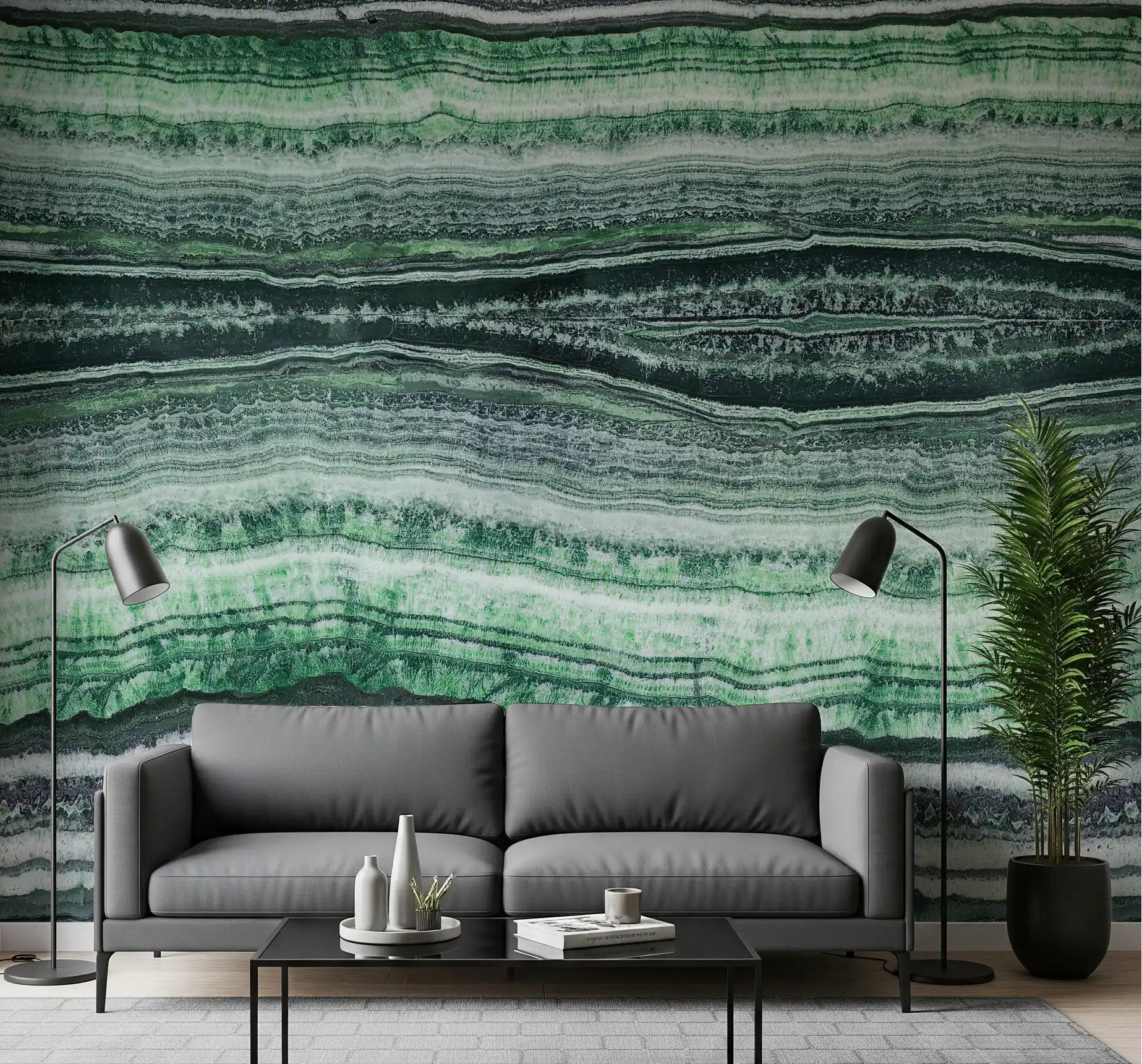 Living room feature wall in jade veins green marble wall mural., GD10234