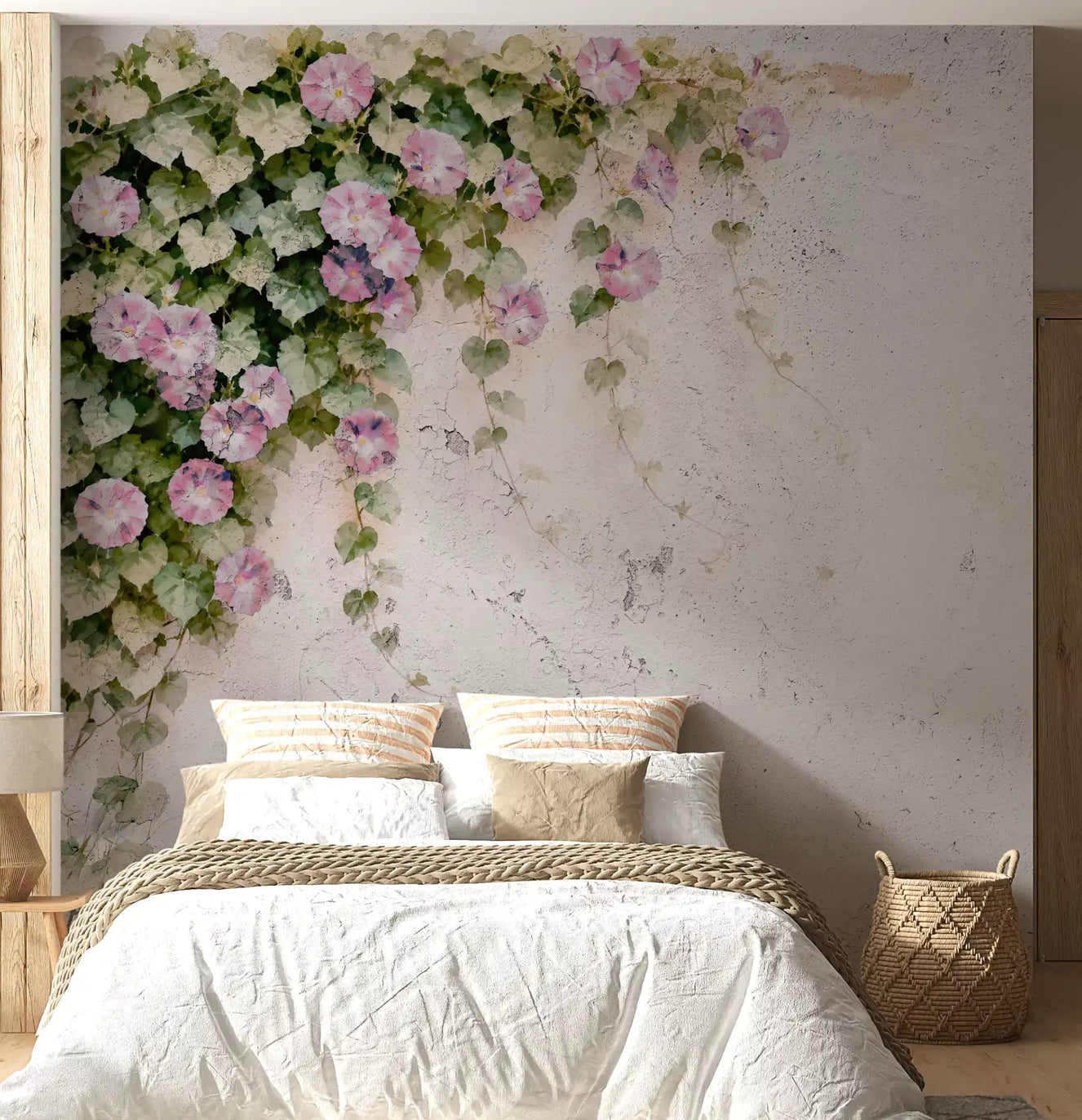 Blush vines wall mural styled on a bedroom feature wall.