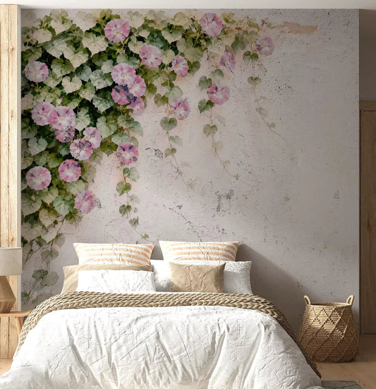 Blush vines wall mural styled on a bedroom feature wall.