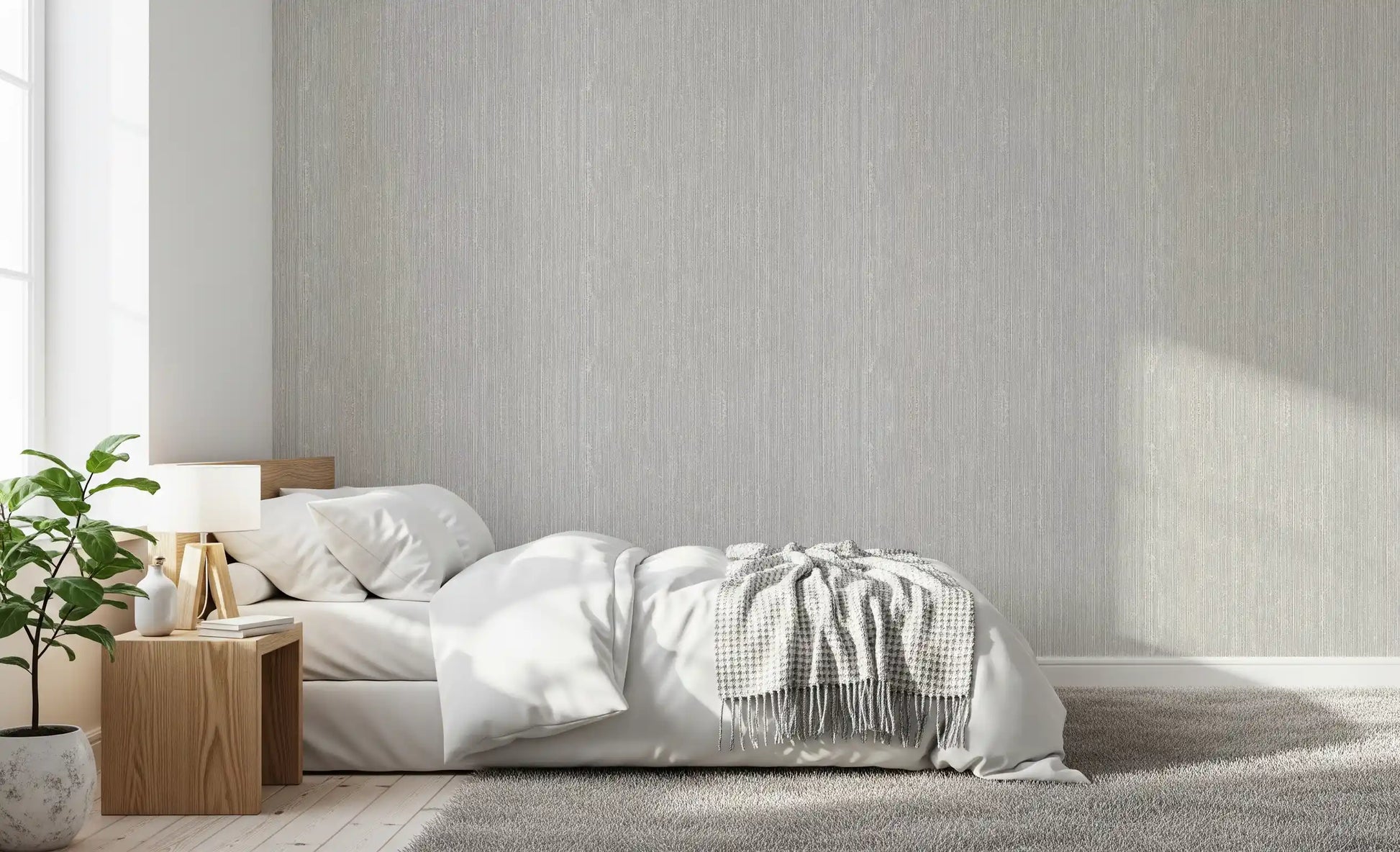 Vertical linen wallpaper with fine grey striations on a soft neutral base., GD10236