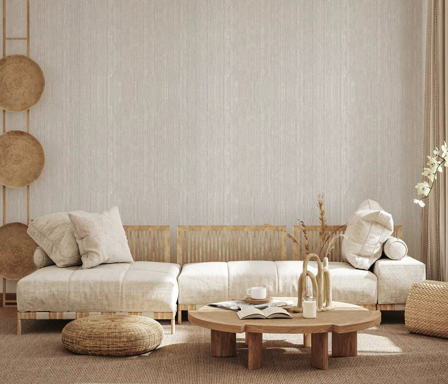 Textured wallpaper featuring vertical weave striations in warm grey., GD10236