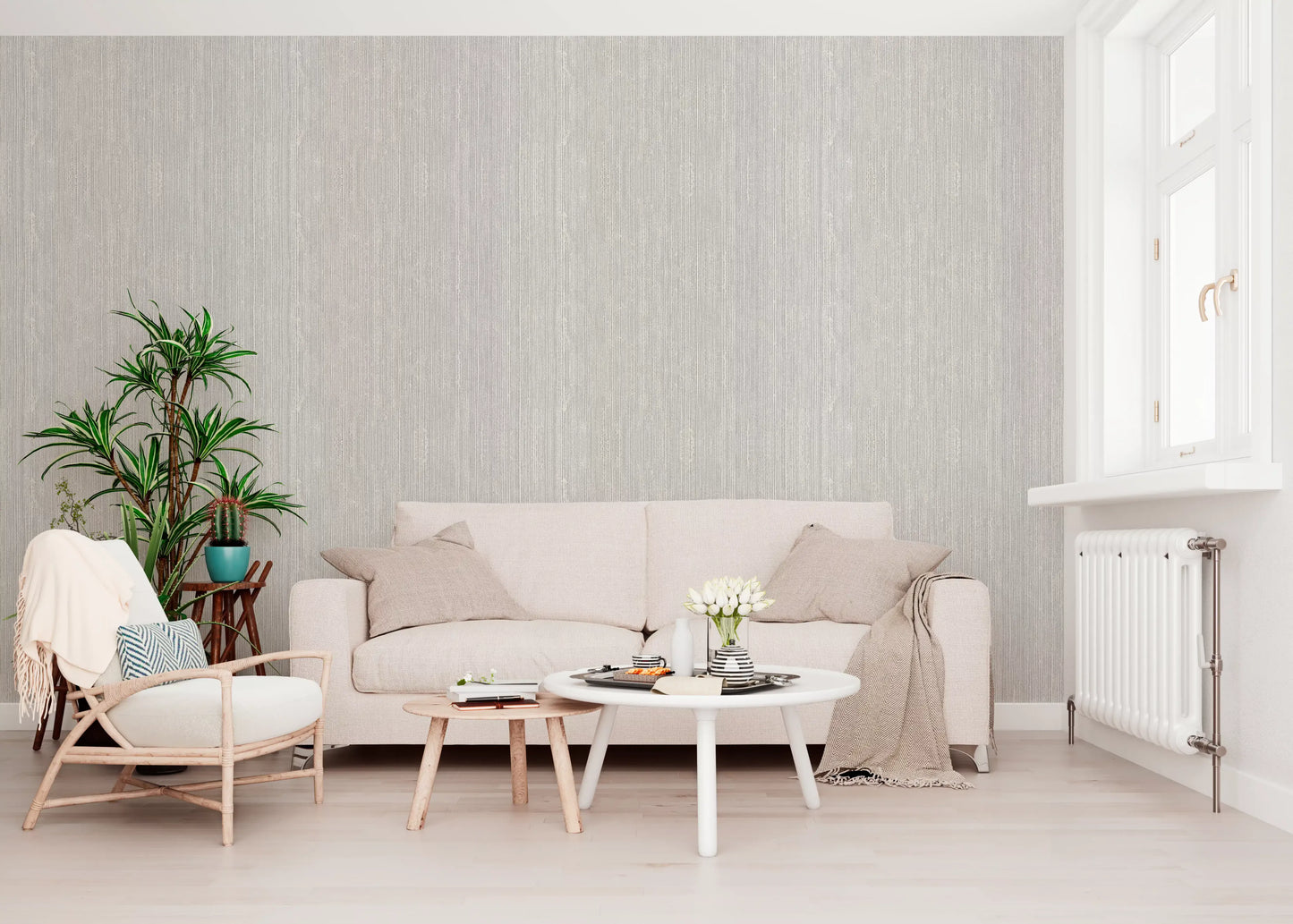 Linen-look wallpaper with warm white and beige undertones in a vertical weave., GD10236