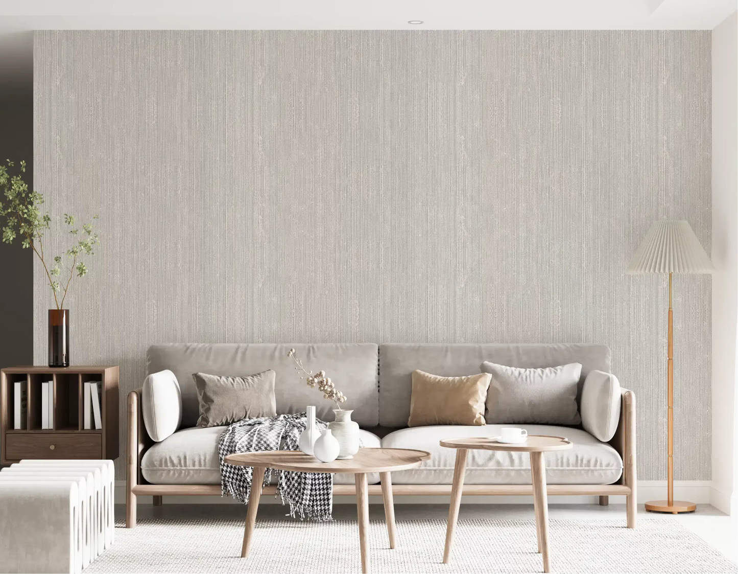 Vertical linen wallpaper applied as a backdrop in a living room space, GD10236