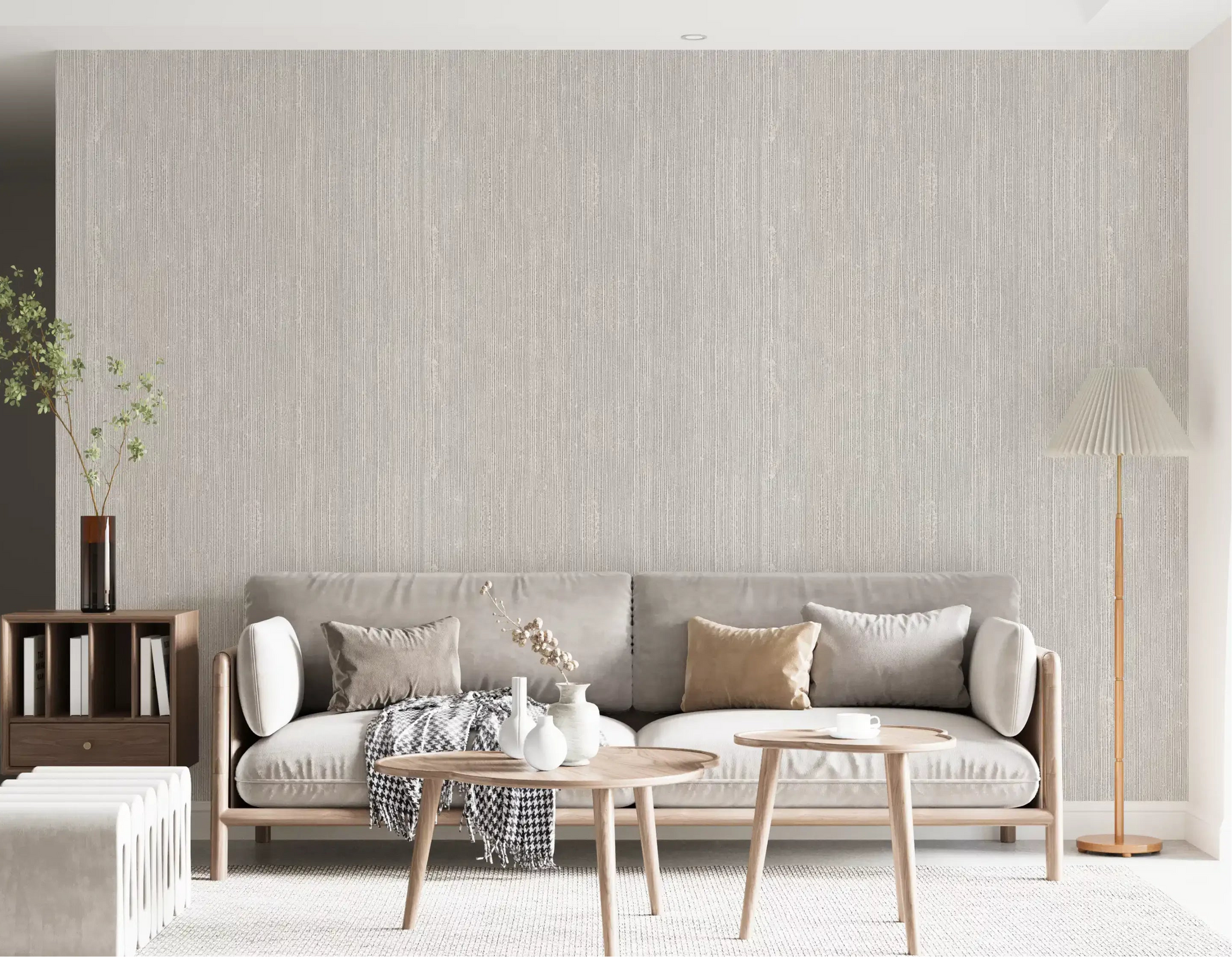 Vertical linen wallpaper applied as a backdrop in a living room space, GD10236
