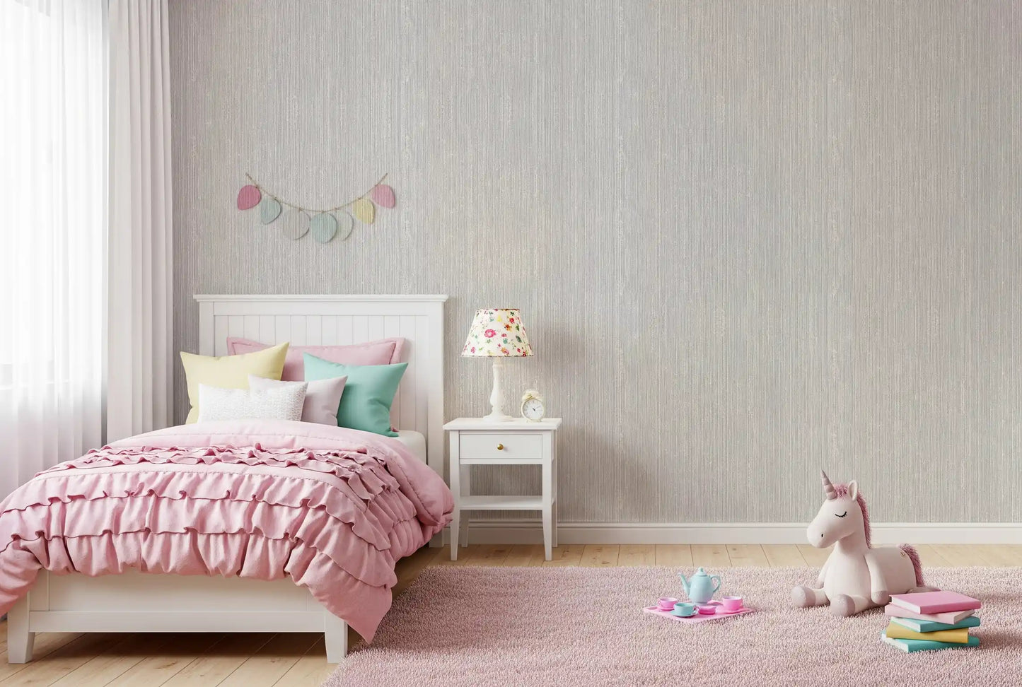 Soft grey linen wallpaper with a fine, evenly spaced vertical pattern in kids bedroom., GD10236