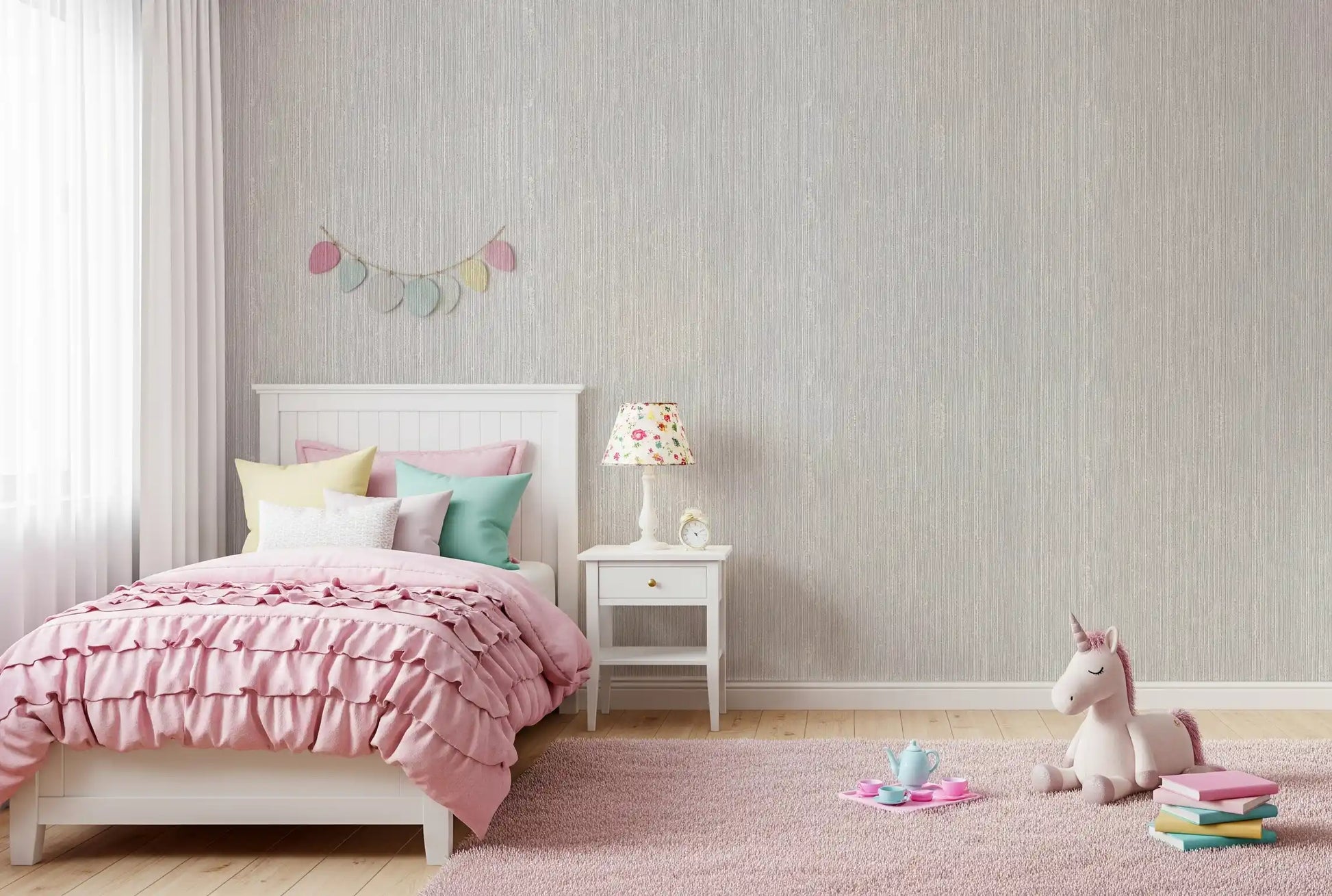 Soft grey linen wallpaper with a fine, evenly spaced vertical pattern in kids bedroom., GD10236