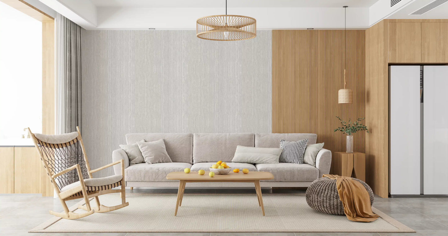 Grey textured wallpaper showing subtle tonal shifts in bright living room., GD10236