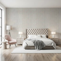 Neutral linen wallpaper in pale grey with thin vertical lines on bedroom wall., GD10236