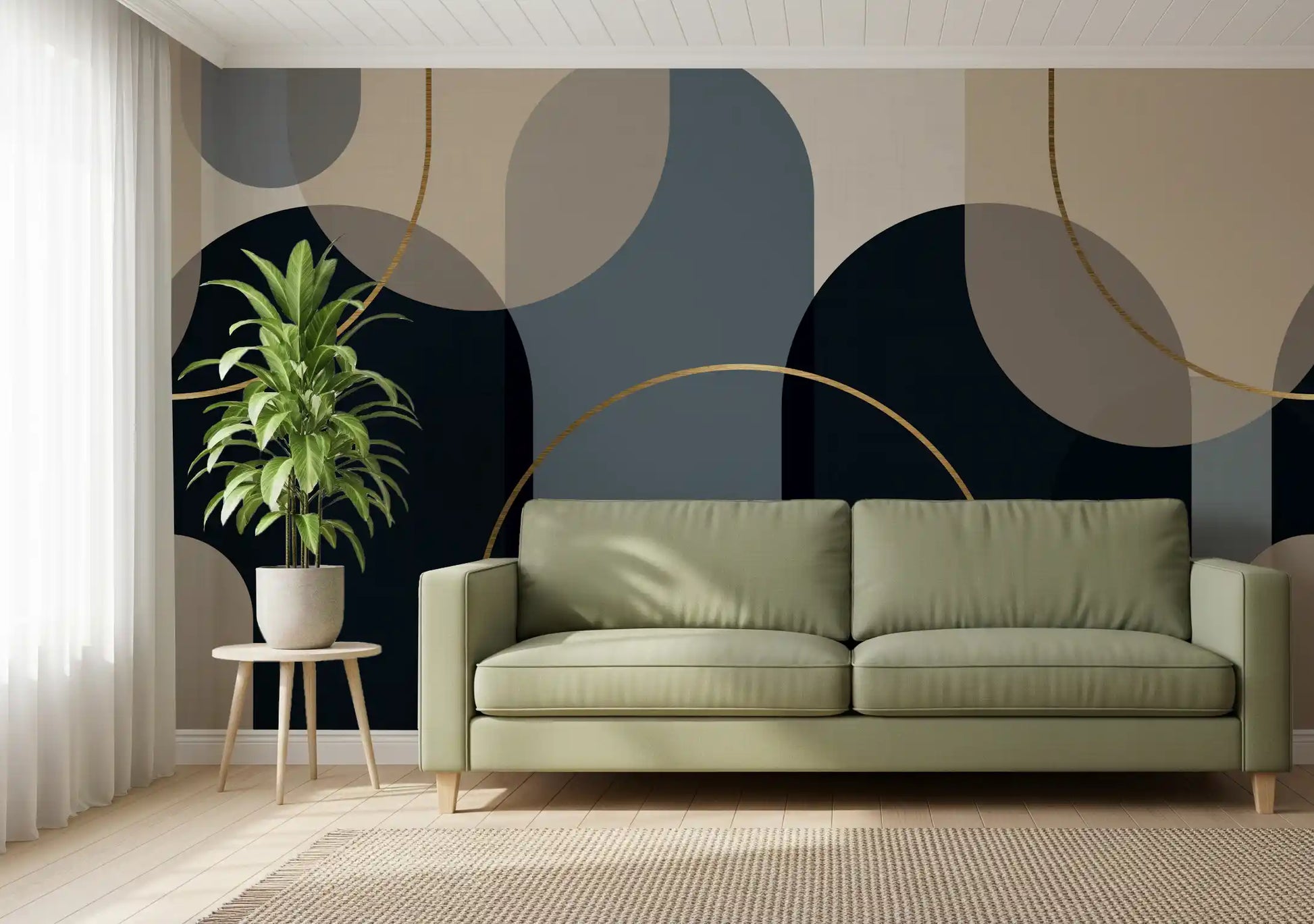 Midnight navy and beige arch wall mural with linen texture and curved gold detailing., GD10237