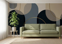 Midnight navy and beige arch wall mural with linen texture and curved gold detailing., GD10237