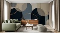 Deco style arch wall mural featuring slim metallic gold curves over a neutral background., GD10237