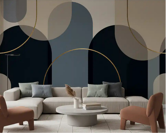 Living room wall styled with the abstract arches midnight and gold mural.