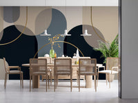 Abstract arches wall mural with midnight navy, slate blue and beige panels accented by slim gold curves., GD10237