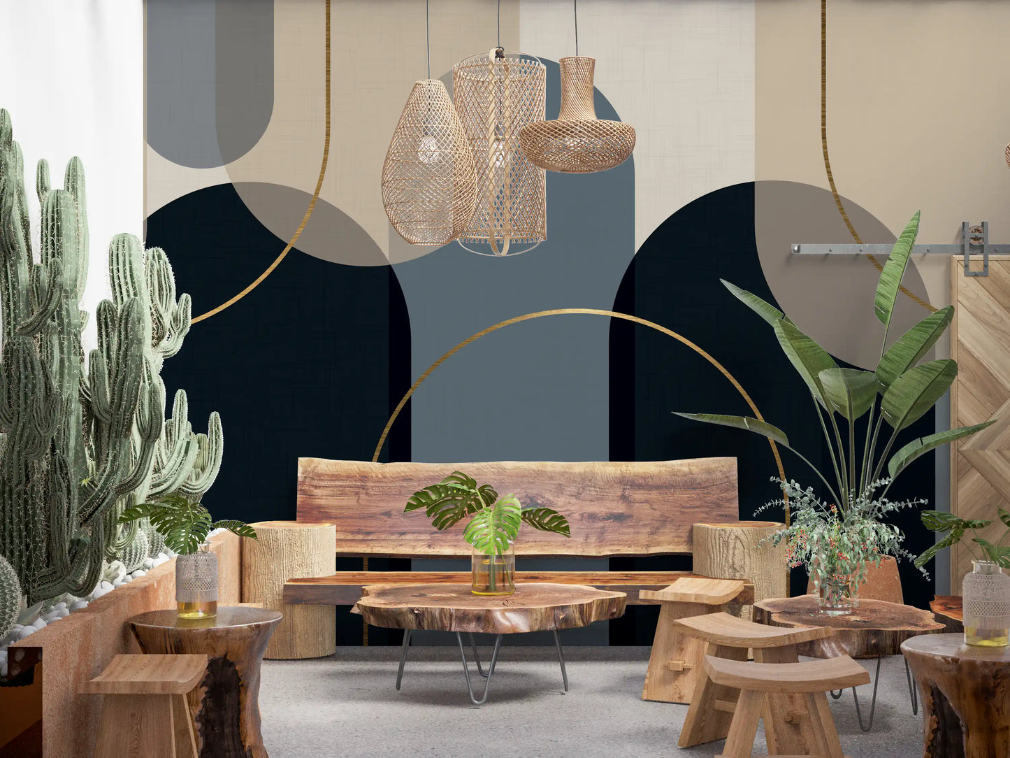 Geometric mural with deep navy, soft taupe and warm beige arches connected by flowing gold lines., GD10237