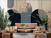 Geometric mural with deep navy, soft taupe and warm beige arches connected by flowing gold lines., GD10237