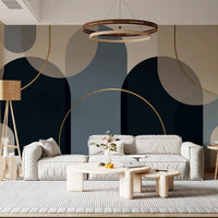 Layered geometric arch wall mural in dark navy, taupe, beige and grey blue with thin gold linework., GD10237