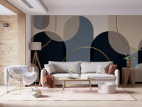Detail of layered arch mural showing midnight, slate, beige and taupe tones in living area., GD10237