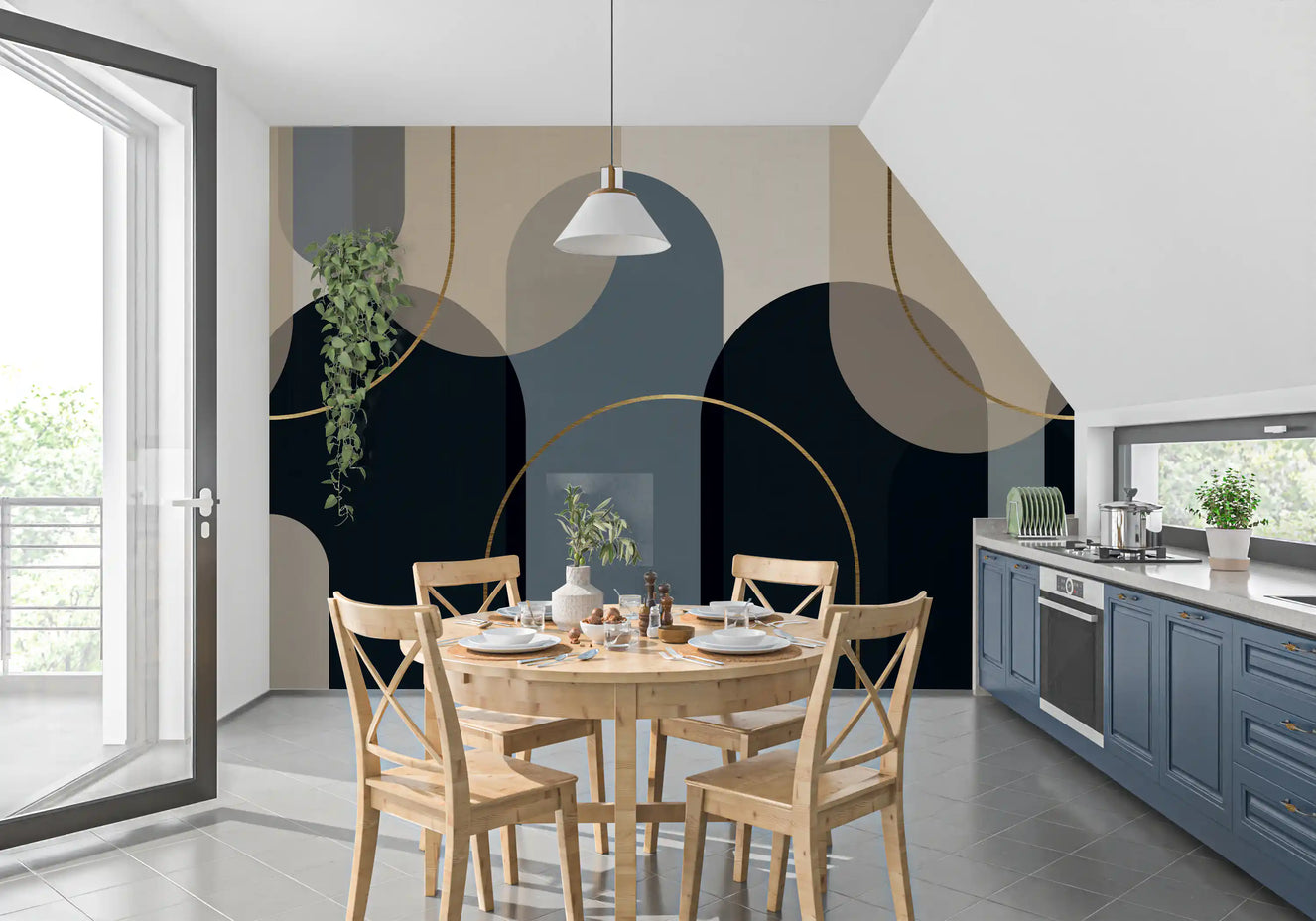 Abstract Arches: Midnight & Gold Flow Wall Mural
