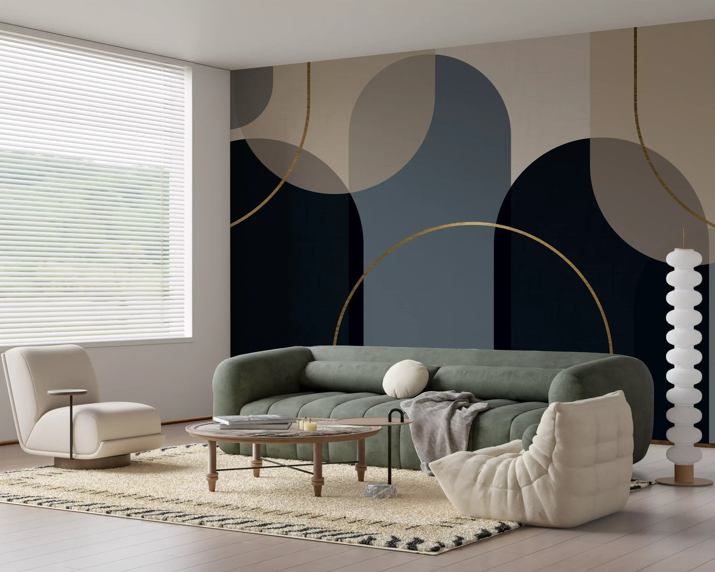 Living room feature wall using the layered arches mural in midnight navy and beige with gold curves., GD10237