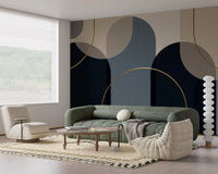 Living room feature wall using the layered arches mural in midnight navy and beige with gold curves., GD10237
