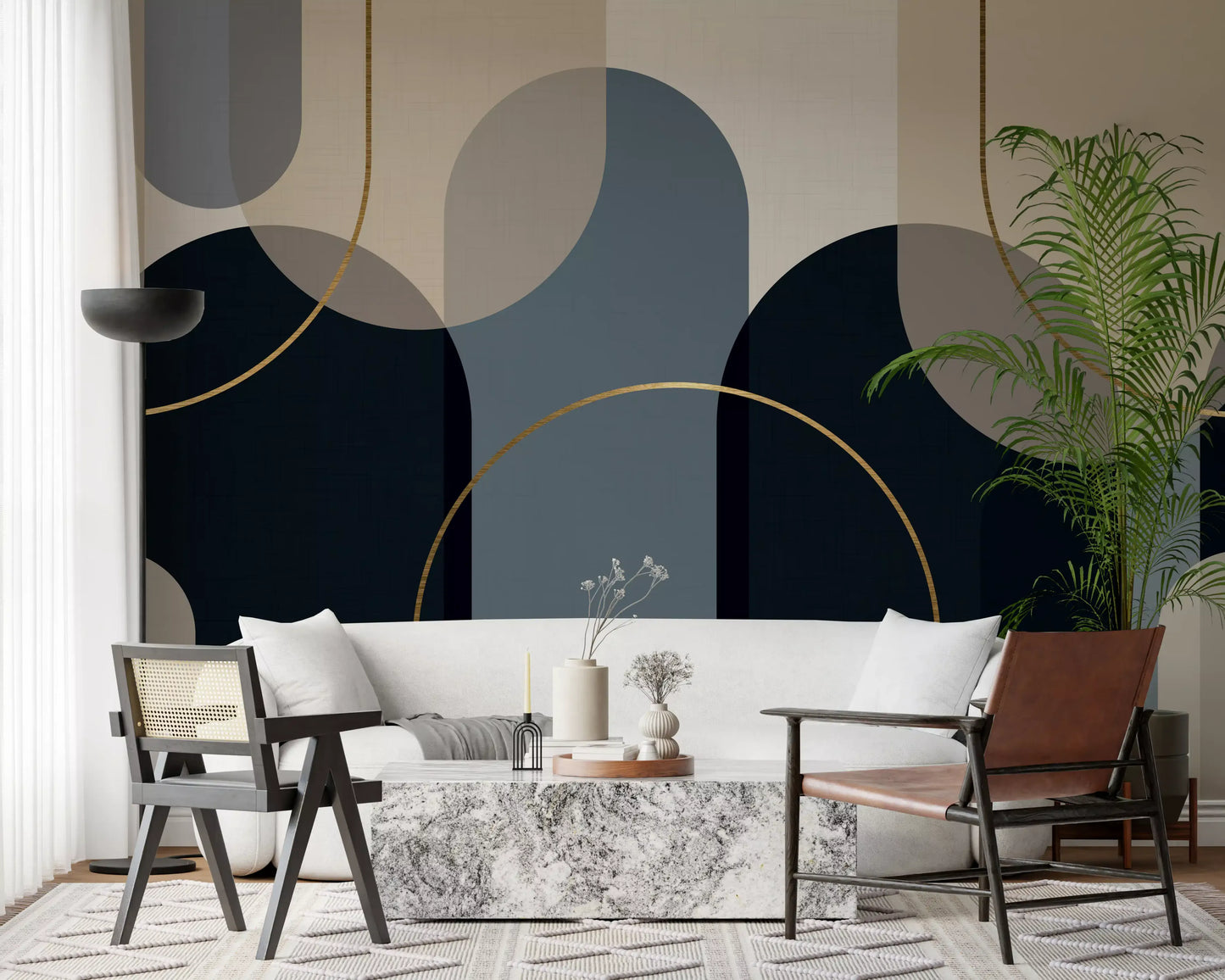 Wall mural pattern showing overlapping arches and circles in a calm muted palette with gold accents., GD10237