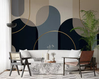 Wall mural pattern showing overlapping arches and circles in a calm muted palette with gold accents., GD10237