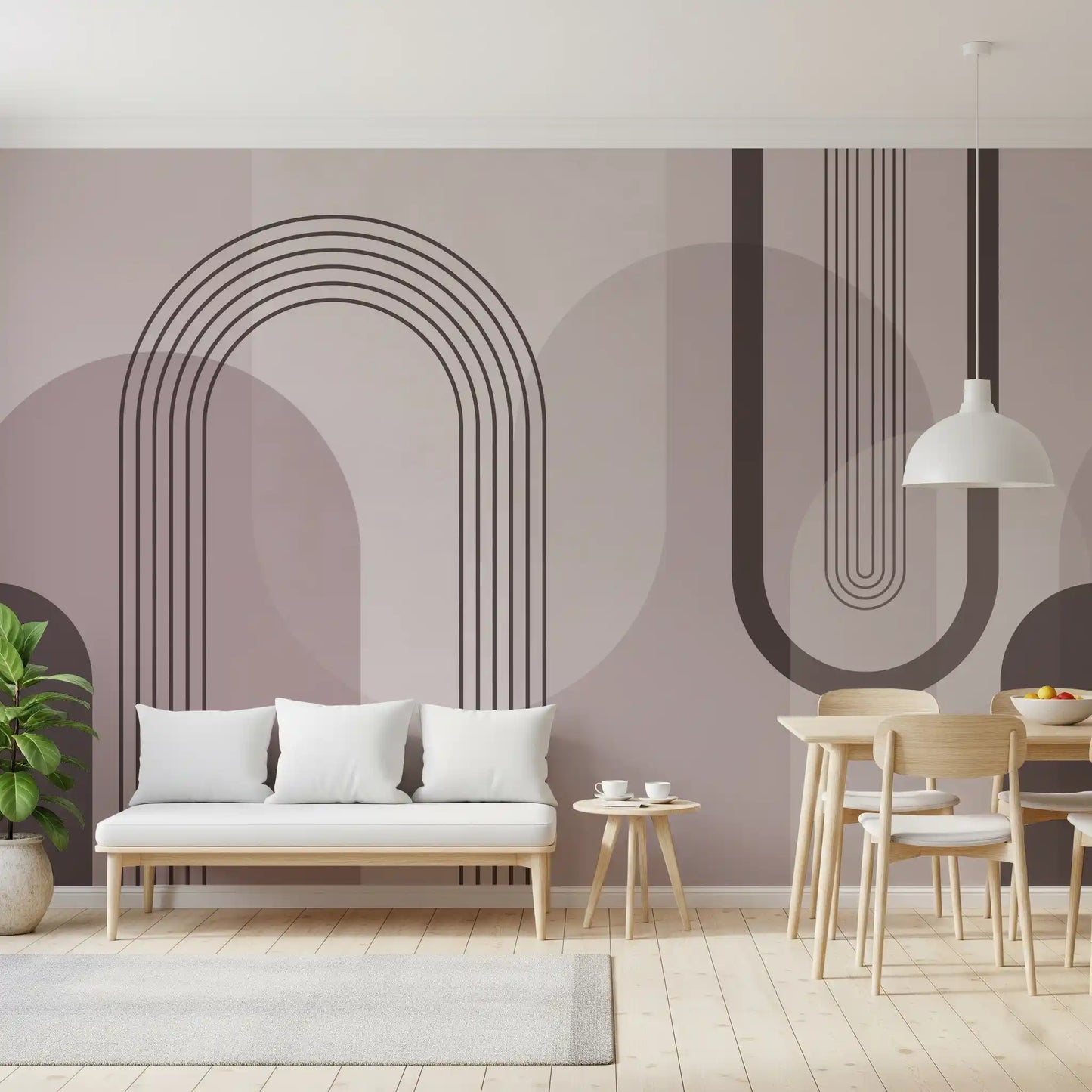 Mauve wall mural with layered arches and slim linear stripes in burgundy and blush tones., GD10238