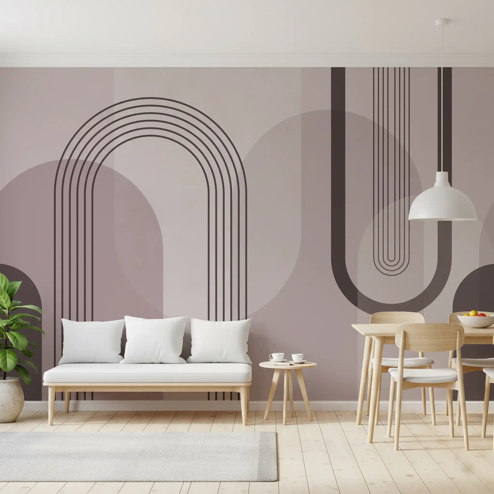 Mauve wall mural with layered arches and slim linear stripes in burgundy and blush tones., GD10238