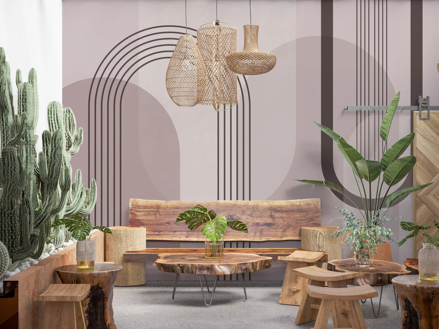 Layered geometric mural in dusty pink, burgundy, and cream with curved abstract forms., GD10238