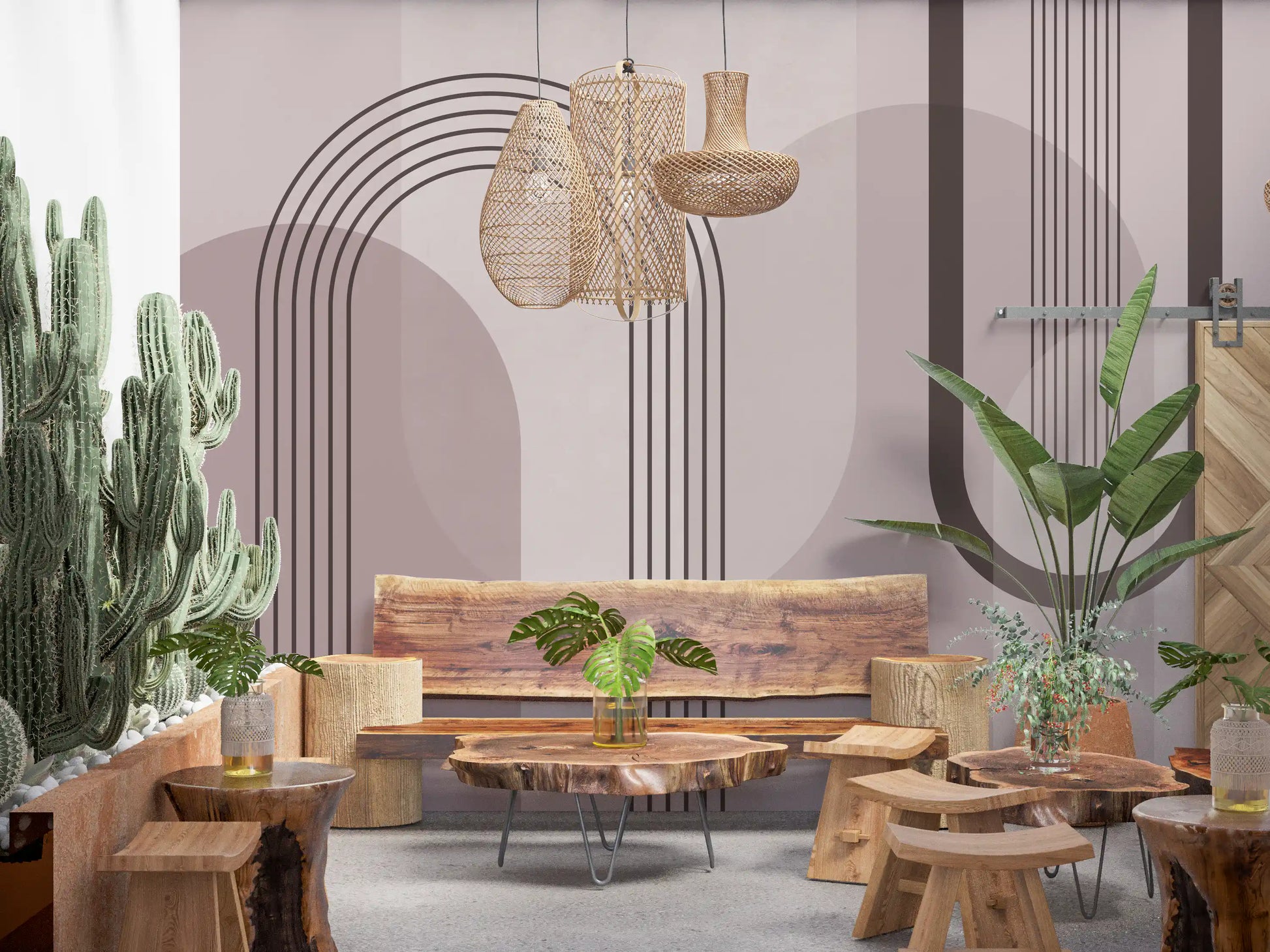 Layered geometric mural in dusty pink, burgundy, and cream with curved abstract forms., GD10238
