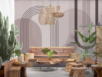 Layered geometric mural in dusty pink, burgundy, and cream with curved abstract forms., GD10238
