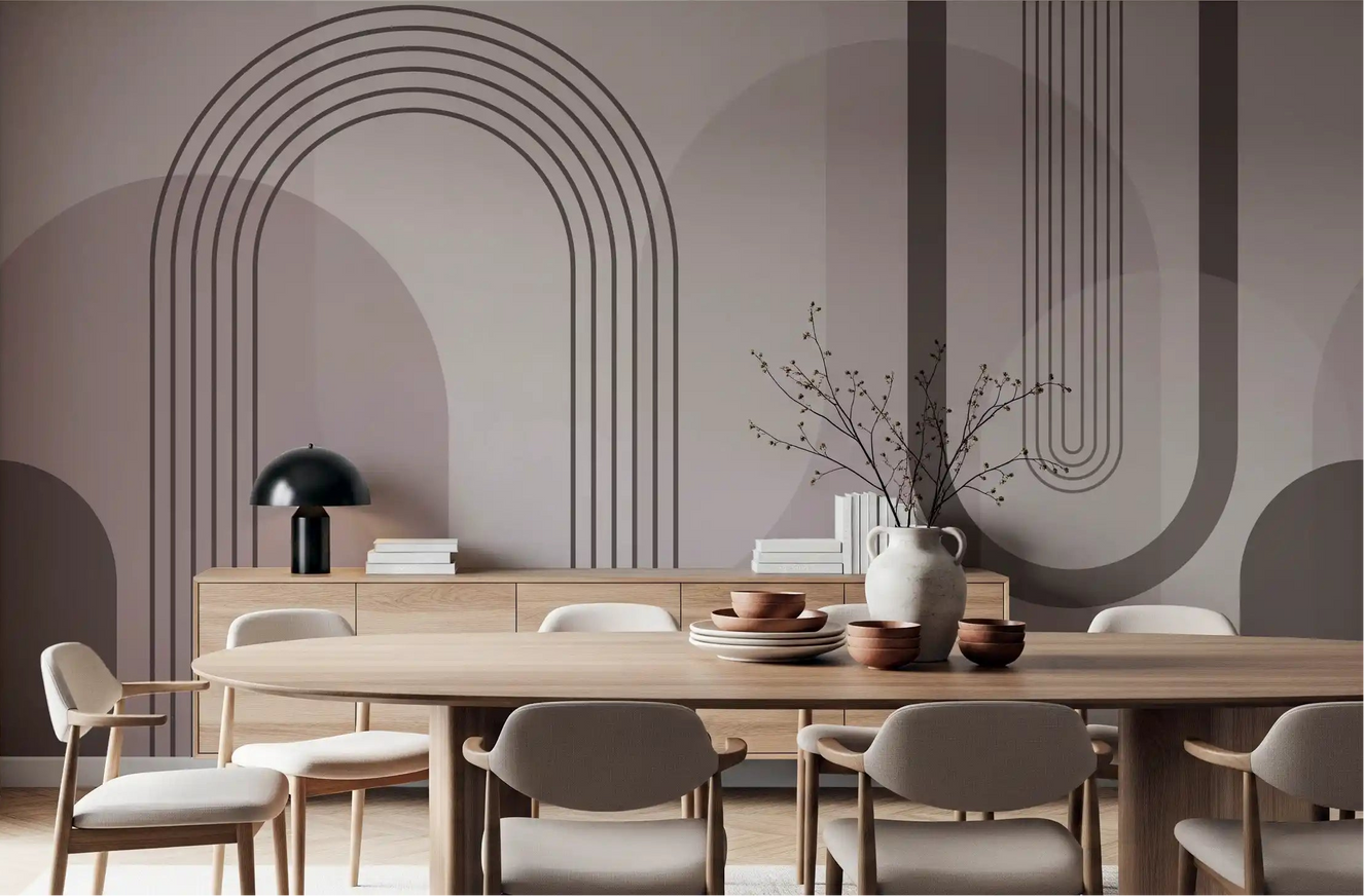 Dining room accent wall with mauve geometric mural featuring layered arches and stripes.