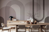 Dining room accent wall with mauve geometric mural featuring layered arches and stripes., GD10238
