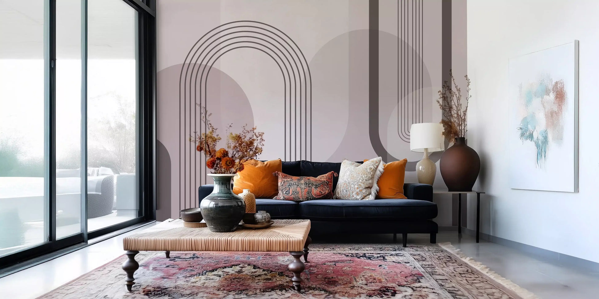 Abstract wall mural featuring linear striped arches in deep burgundy on dusty pink background., GD10238