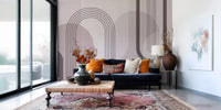 Abstract wall mural featuring linear striped arches in deep burgundy on dusty pink background., GD10238