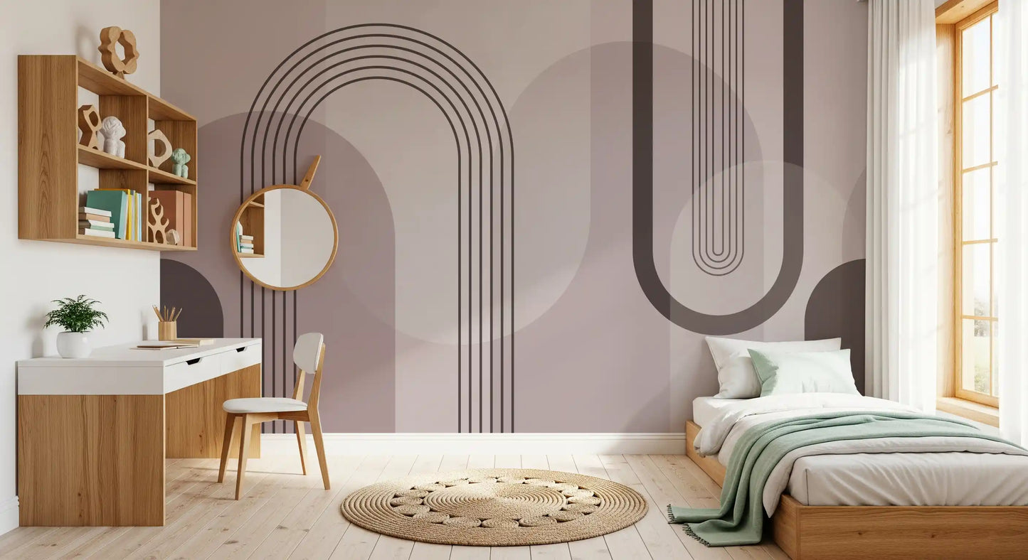 Bedroom feature wall with mauve geometric mural showing arches and curved stripe., GD10238