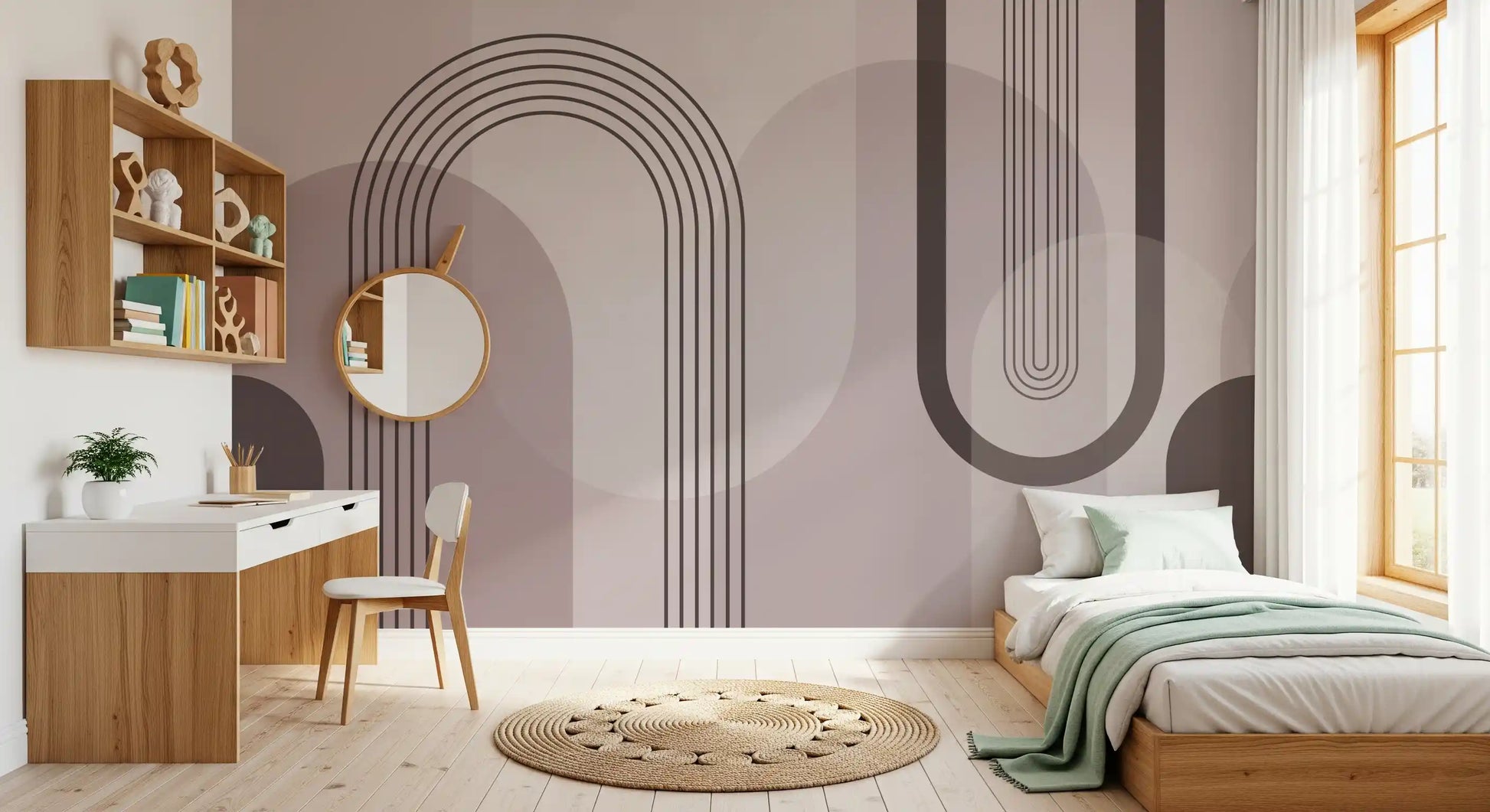 Bedroom feature wall with mauve geometric mural showing arches and curved stripe., GD10238