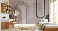 Bedroom feature wall with mauve geometric mural showing arches and curved stripe., GD10238